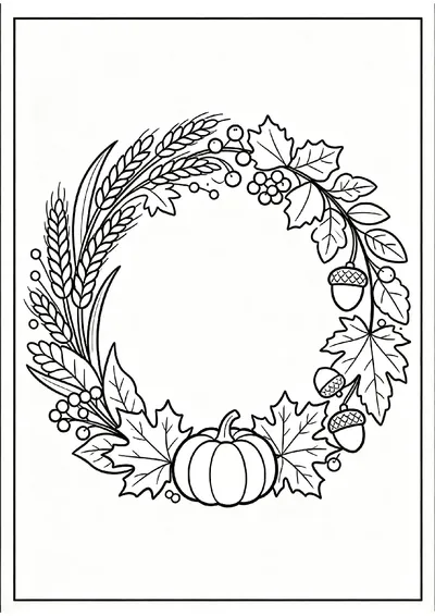 Thanksgiving Wreath with Wheat and Berries coloring page