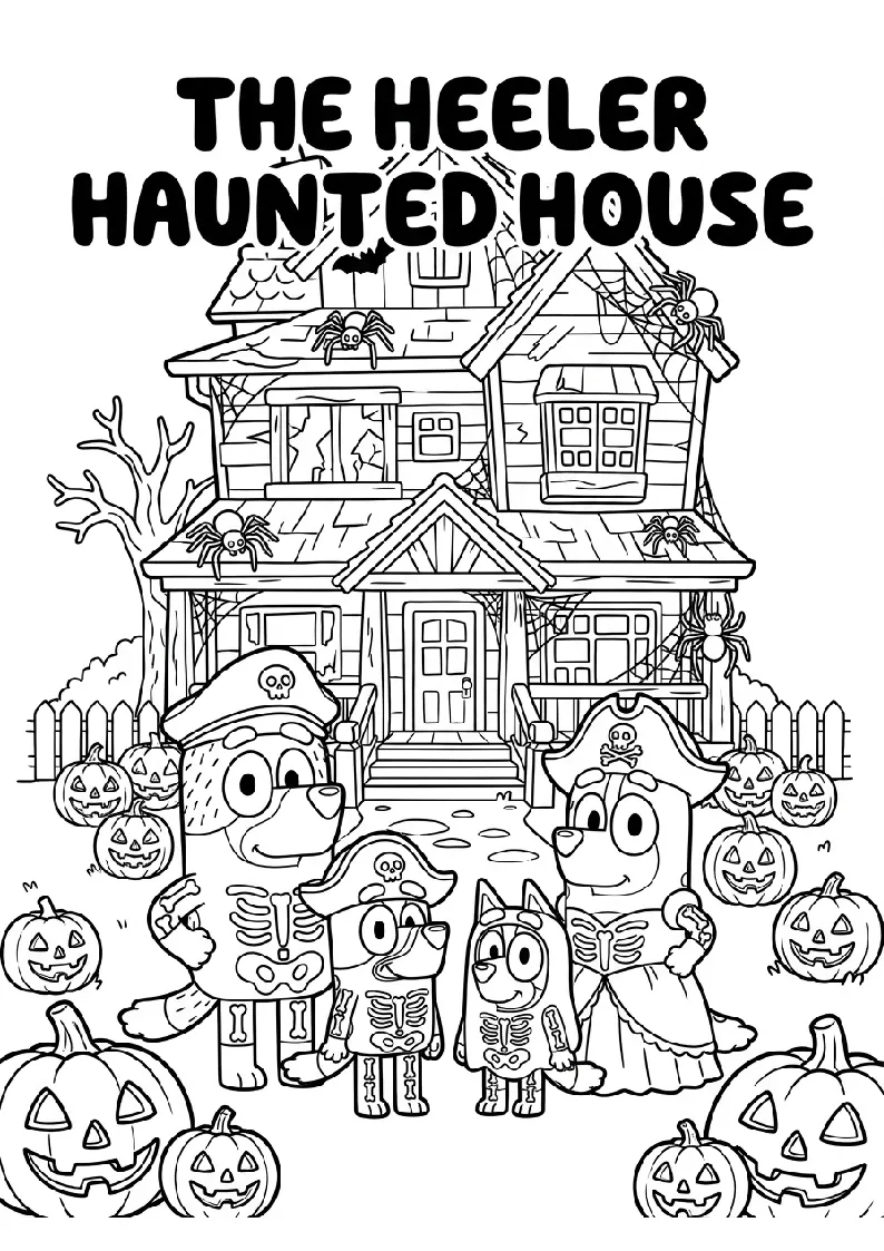 The Heeler Haunted House Coloring Page coloring page, black outline drawing ready to print