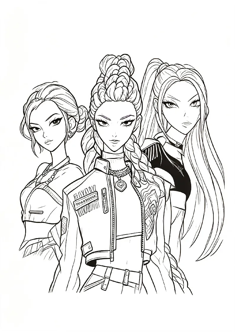Three Demon Hunters Face Forward coloring page, black outline drawing ready to print