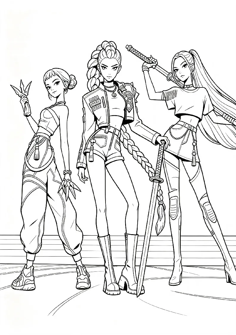 Three Hunters Ready for Battle coloring page, black outline drawing ready to print