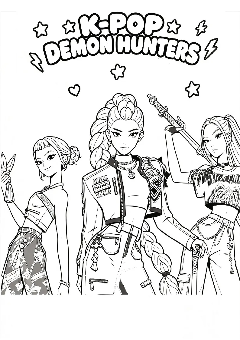 Three Idol Warriors Unite coloring page, black outline drawing ready to print