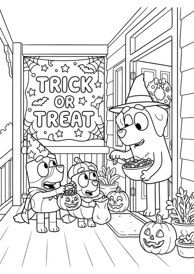 Trick or Treat at the Front Door Coloring Page coloring page