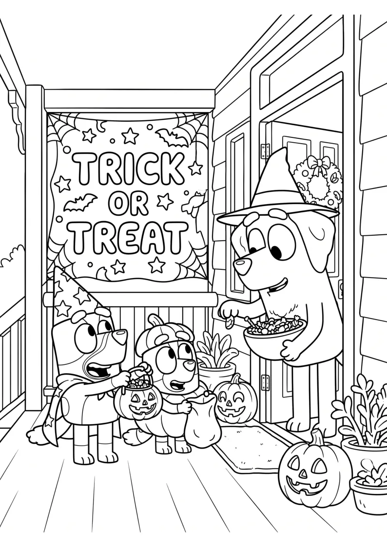 Trick or Treat at the Front Door Coloring Page coloring page, black outline drawing ready to print
