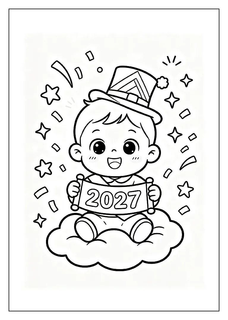 Baby New Year Holding a 2027 Banner coloring page, black outline drawing ready to print