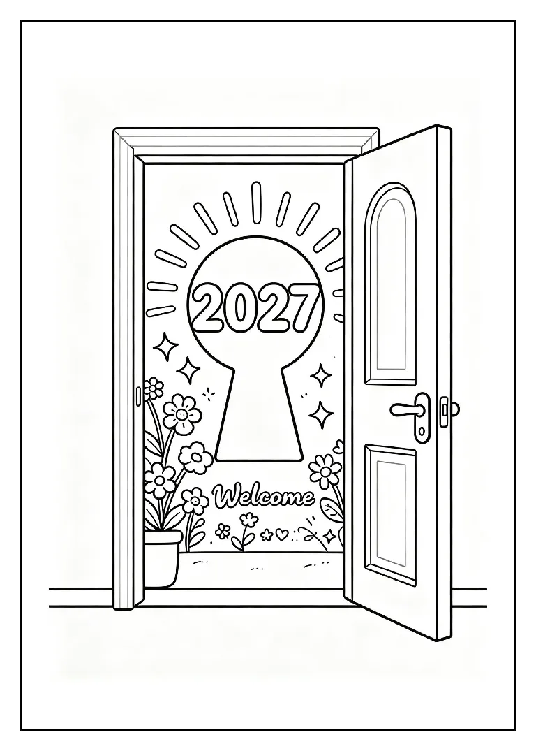 Welcome 2027 Door Opening to Sunrise coloring page, black outline drawing ready to print