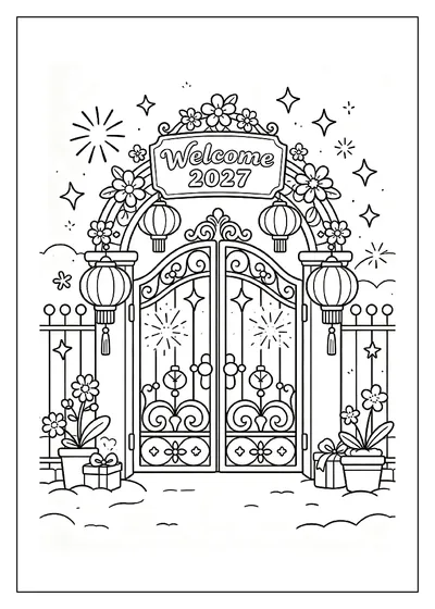 Welcome 2027 Gate with Sparkling Lanterns coloring page