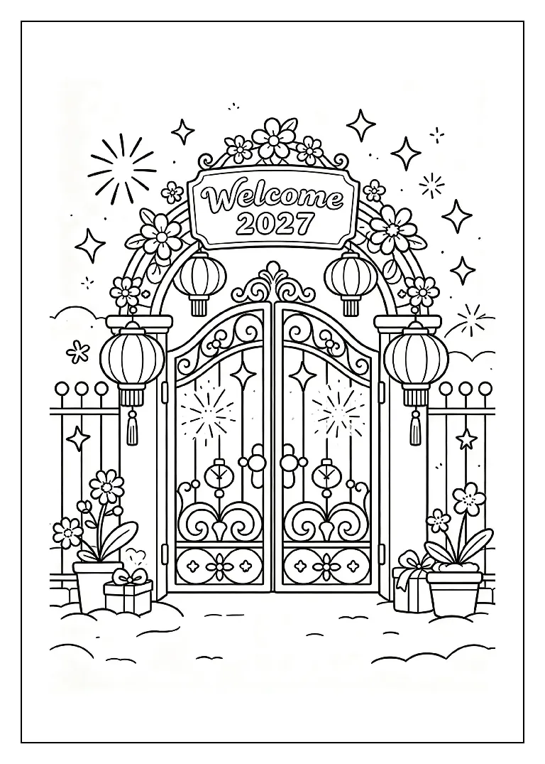 Welcome 2027 Gate with Sparkling Lanterns coloring page, black outline drawing ready to print