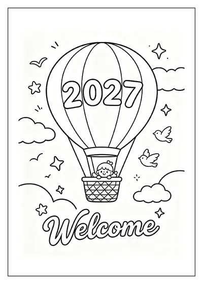 Welcome 2027 Hot Air Balloon in the Sky coloring page