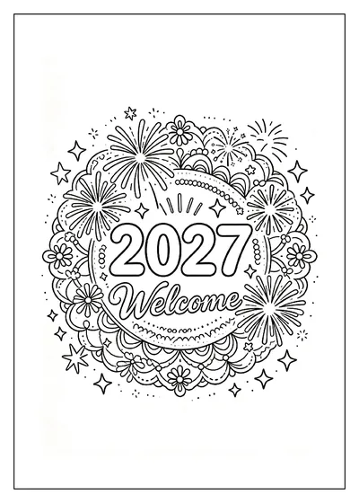 Welcome 2027 Mandala with Fireworks and Stars coloring page