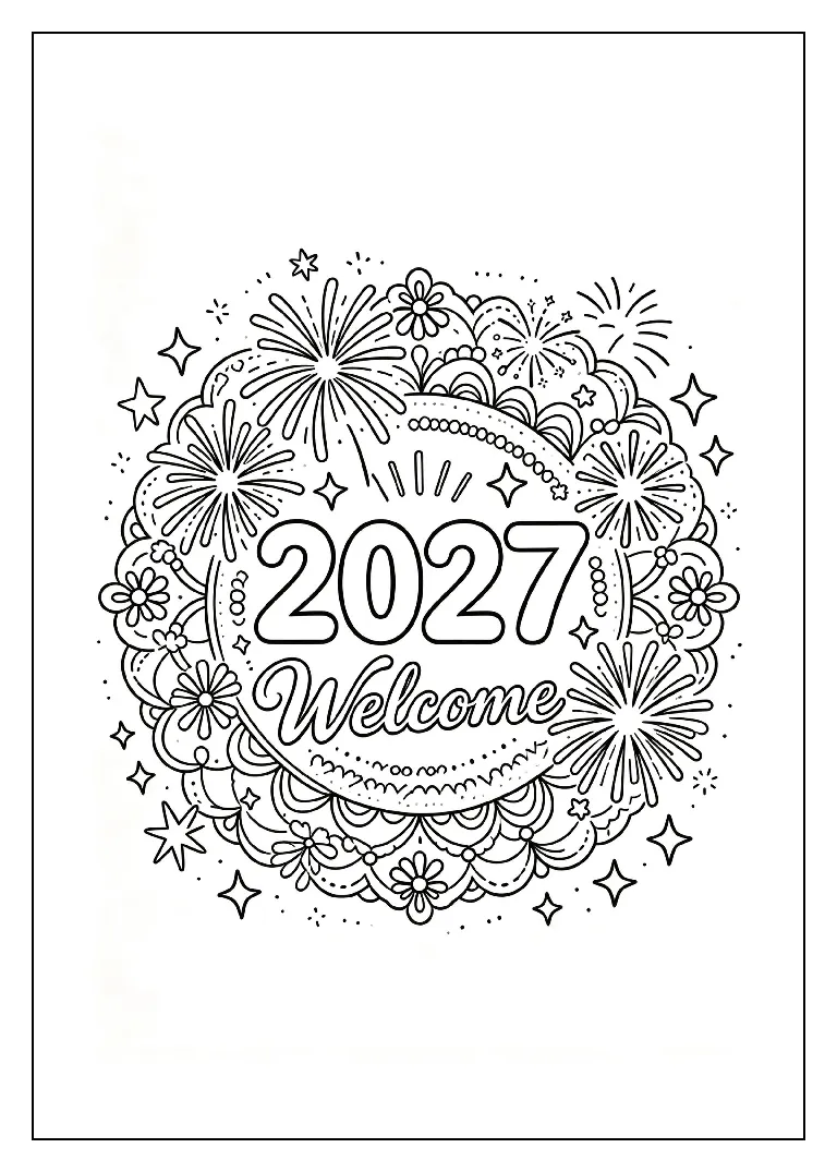 Welcome 2027 Mandala with Fireworks and Stars coloring page, black outline drawing ready to print