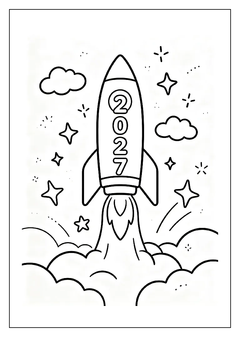 New Year Rocket Launching into 2027 coloring page, black outline drawing ready to print