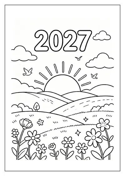 New Year Sunrise over Rolling Hills coloring page
