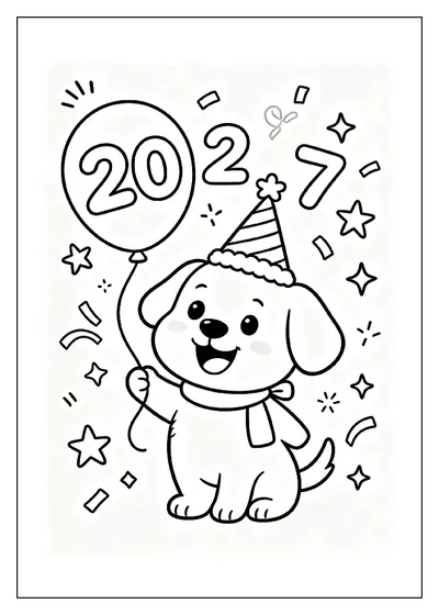 Puppy Greeting 2027 with a Party Hat coloring page