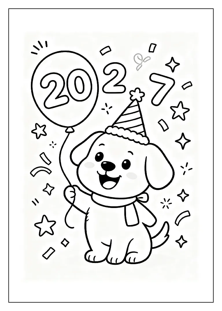 Puppy Greeting 2027 with a Party Hat coloring page, black outline drawing ready to print