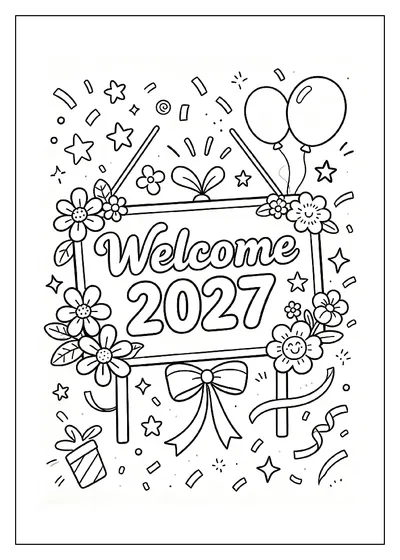 Welcome 2027 Sign with Flowers and Stars coloring page