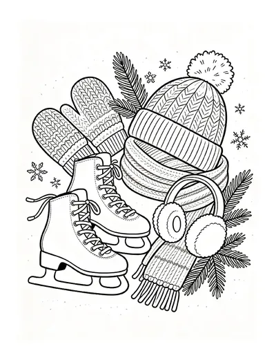 Winter Accessories Still Life With Skates, Mittens, Scarf and Hat coloring page