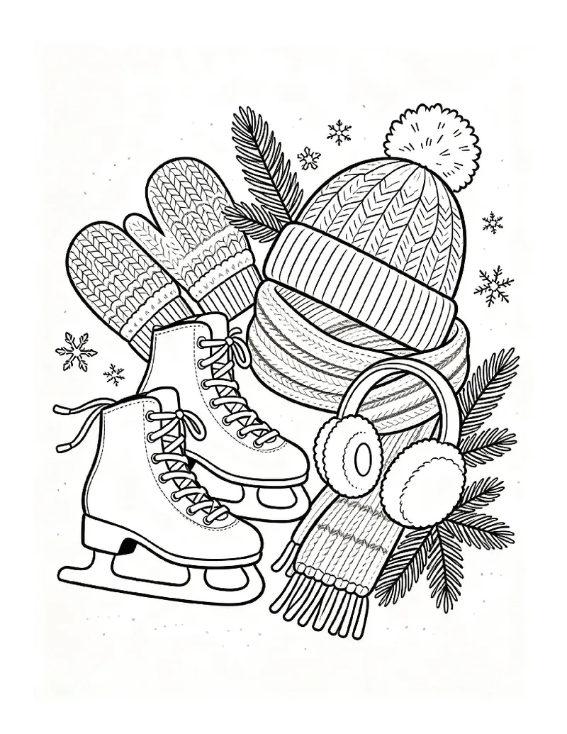 Winter Accessories Still Life With Skates, Mittens, Scarf and Hat coloring page, black outline drawing ready to print