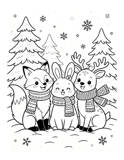 Fox, Bunny and Deer in Knitted Scarves coloring page