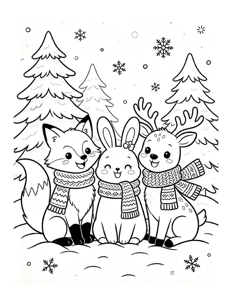 Fox, Bunny and Deer in Knitted Scarves coloring page, black outline drawing ready to print