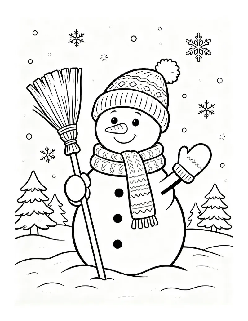 Happy Snowman With Knit Hat, Scarf and Mittens coloring page, black outline drawing ready to print
