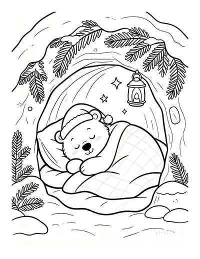 Hibernating Bear in a Cozy Cave With Blanket and Lantern coloring page