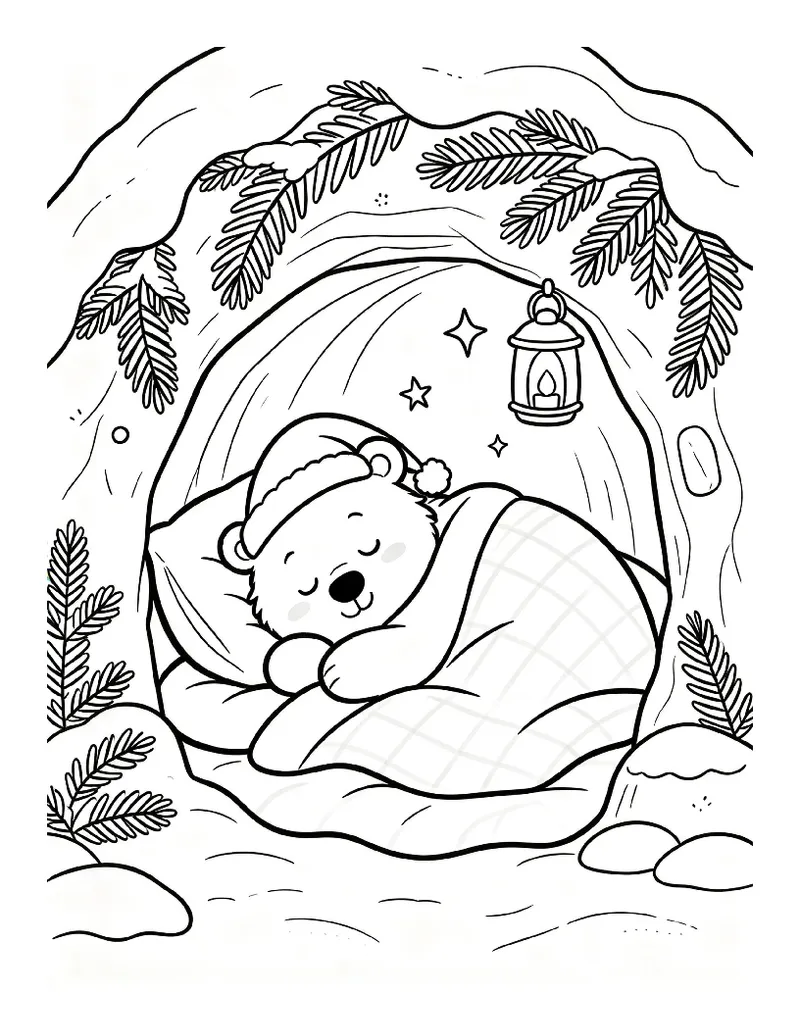 Hibernating Bear in a Cozy Cave With Blanket and Lantern coloring page, black outline drawing ready to print