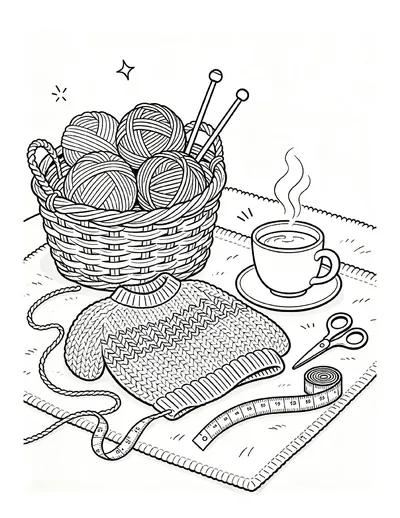 Knitting Basket With Yarn, a Sweater and Tea coloring page