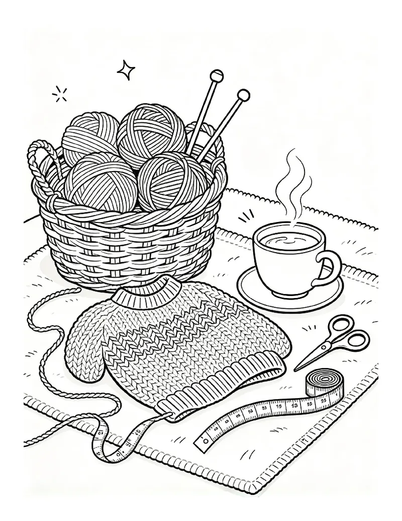 Knitting Basket With Yarn, a Sweater and Tea coloring page, black outline drawing ready to print