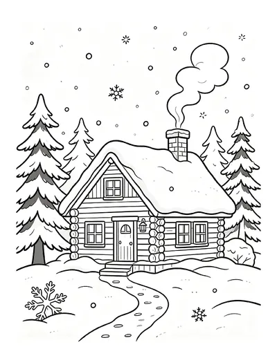 Log Cabin in the Snow With Rising Chimney Smoke coloring page
