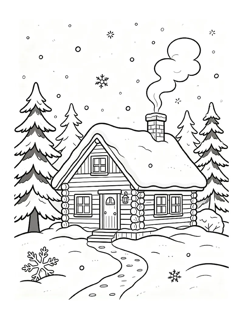 Log Cabin in the Snow With Rising Chimney Smoke coloring page, black outline drawing ready to print