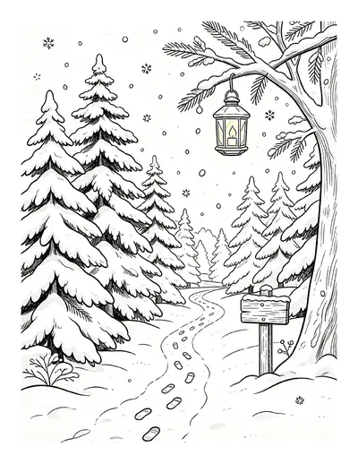 Quiet Winter Forest Path With a Glowing Lantern coloring page