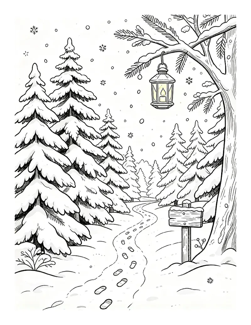 Quiet Winter Forest Path With a Glowing Lantern coloring page, black outline drawing ready to print
