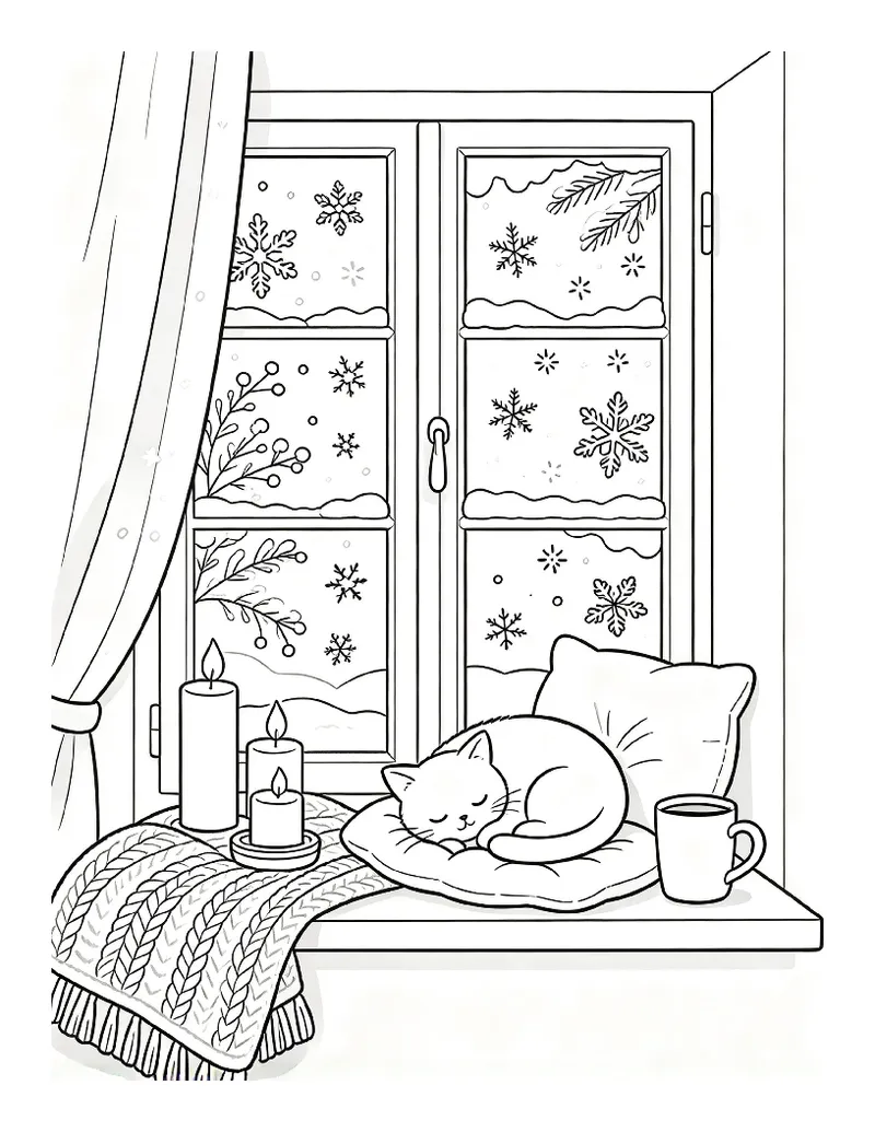 Sleeping Cat on a Frosty Windowsill With Candles coloring page, black outline drawing ready to print