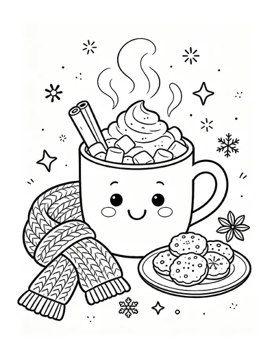 Smiling Cocoa Mug With Marshmallows and Cookies coloring page