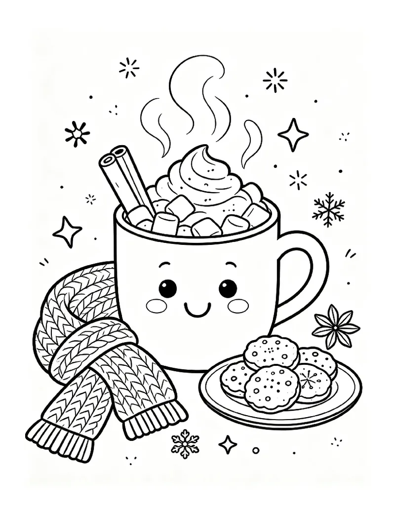 Smiling Cocoa Mug With Marshmallows and Cookies coloring page, black outline drawing ready to print