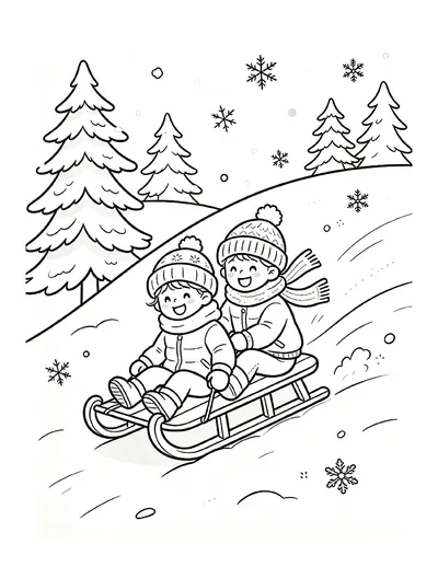 Two Children Sledding Down a Snowy Hill coloring page
