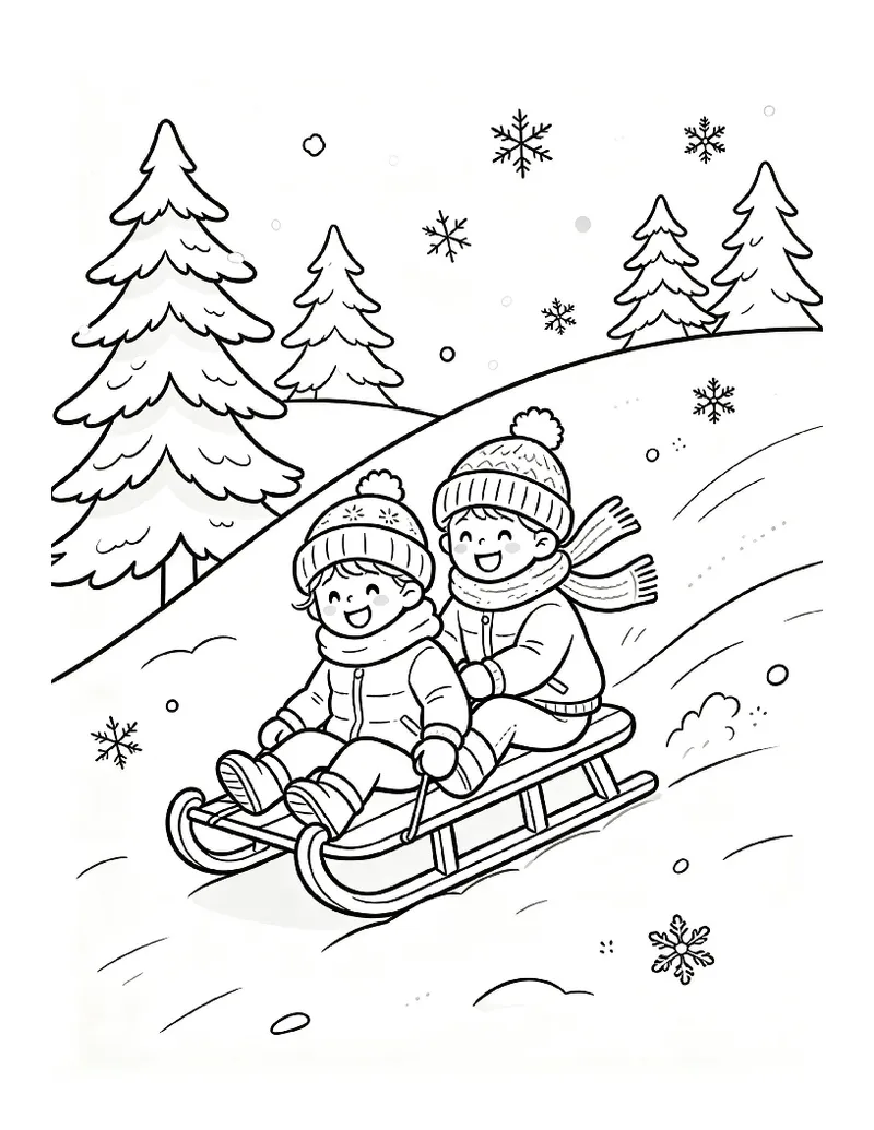 Two Children Sledding Down a Snowy Hill coloring page, black outline drawing ready to print