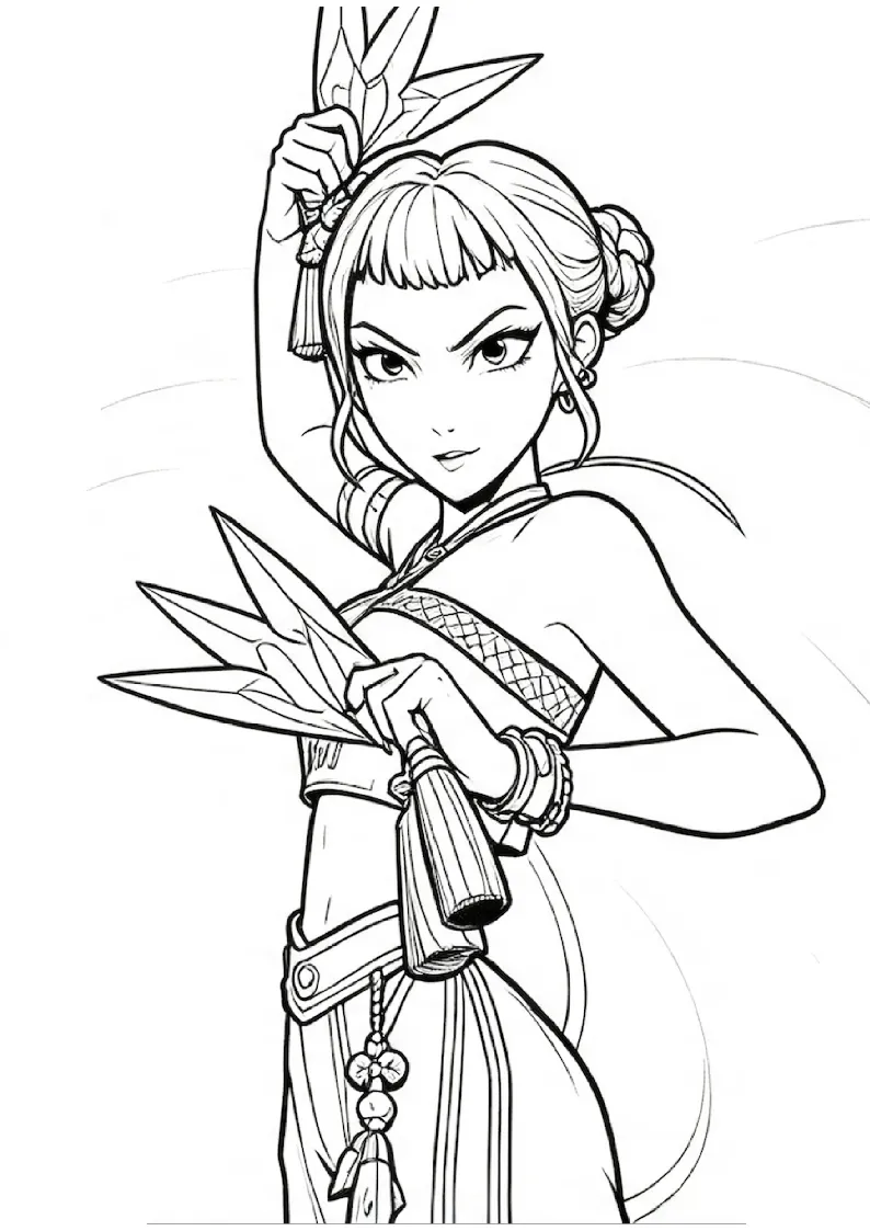 Zoey's Twin Dagger Fighting Pose coloring page, black outline drawing ready to print